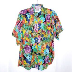Vintage Retro 80s Colorful Floral Shirt M Oversized Button Up Abstract Bright